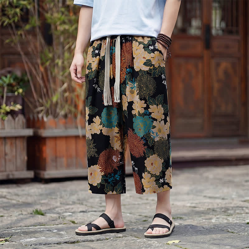 Buddha Stones Pantalones capri de verano estilo boho vintage con cordón y estampado floral para hombre, de pierna recta y con bolsillo. - Negro - US/UK/AU46, EU56 (5XL) - image 0