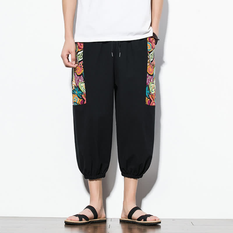 Buddha Stones Pantalones capri de verano informales estilo boho con cordón ajustable y diseño abstracto para hombre. - Negro - US/UK/AU46, EU56 (5XL) - image 13
