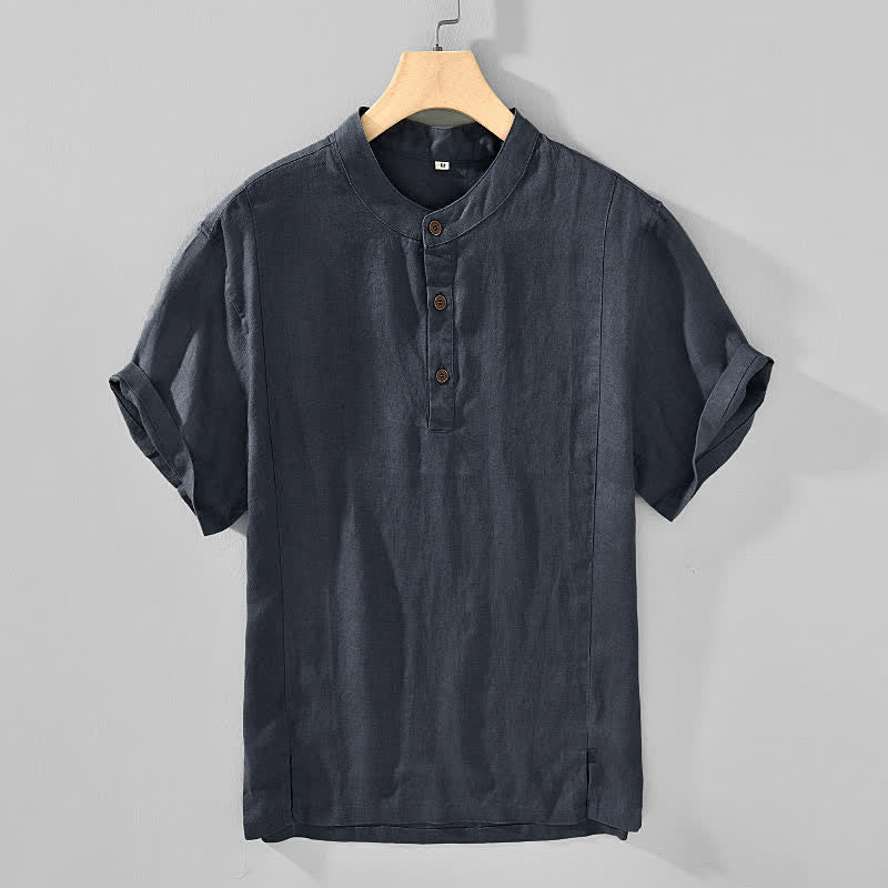 Buddha Stones Camisas de manga corta para hombre, estilo casual, con cuello mandarín y botones, de color liso, ideales para el verano. - image 1