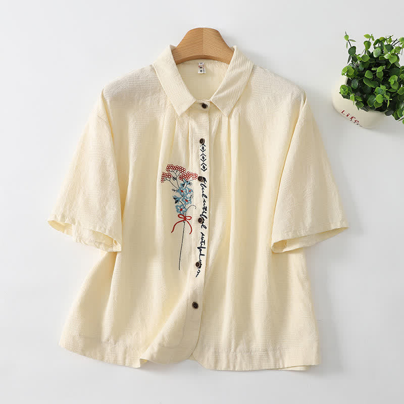 Buddha Stones Camisas de manga corta para mujer, estilo casual veraniego, vintage, con botones y bordado floral. - Blanco antiguo - US8-10, UK/AU12-14, EU40-42 (2XL) - image 0