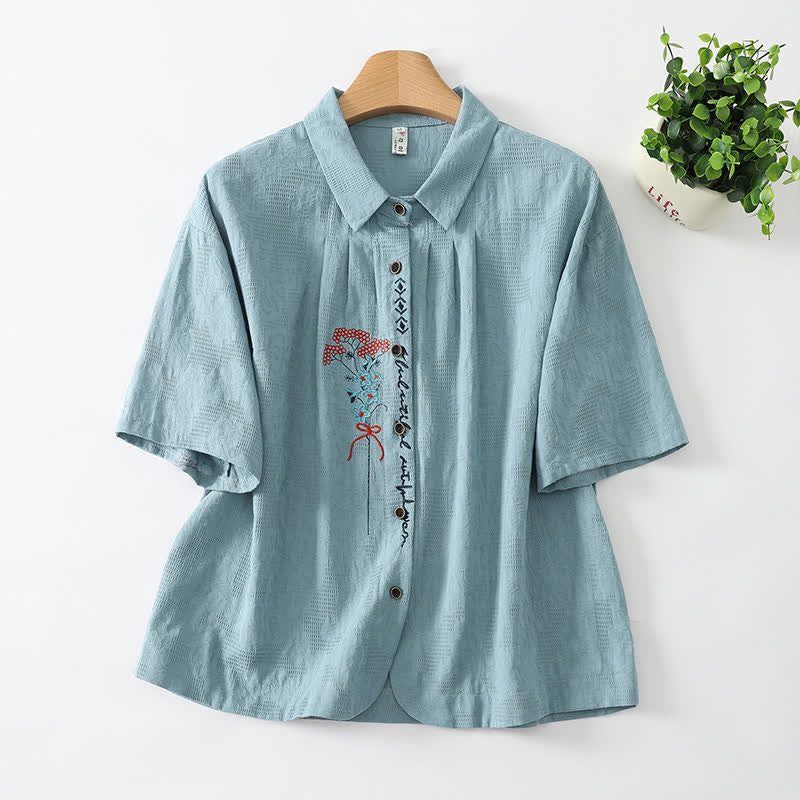 Buddha Stones Camisas de manga corta para mujer, estilo casual veraniego, vintage, con botones y bordado floral. - Azul cadete - US8-10, UK/AU12-14, EU40-42 (2XL) - image 1