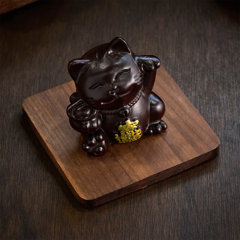 Buddha Stones Gato de la suerte para atraer la riqueza, adorno de bendición tallado en madera de ébano - image 6