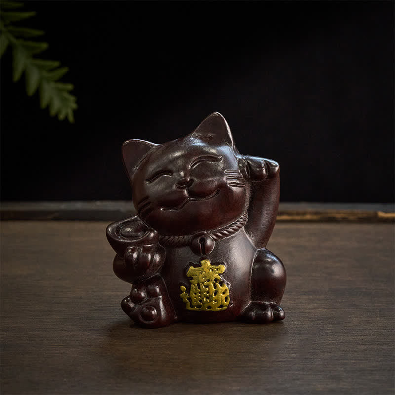 Buddha Stones Gato de la suerte para atraer la riqueza, adorno de bendición tallado en madera de ébano - image 3