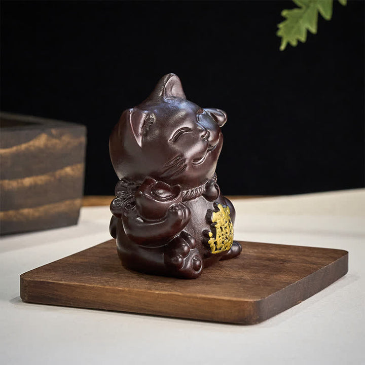 Buddha Stones Gato de la suerte para atraer la riqueza, adorno de bendición tallado en madera de ébano - image 5