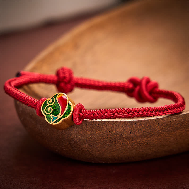 Buddha Stones Pulsera ajustable de cordón trenzado con doble protección de pez koi, hecha a mano en color rojo. - image 3