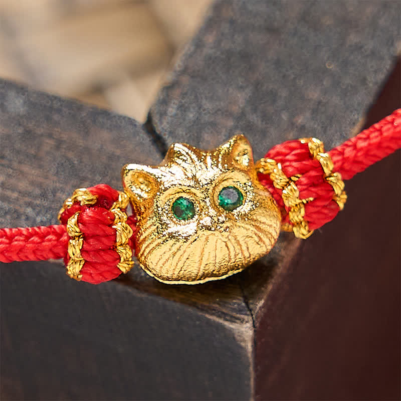 Buddha Stones Pulsera de la suerte con lindo gato, tejida a mano con hilo rojo. - image 5
