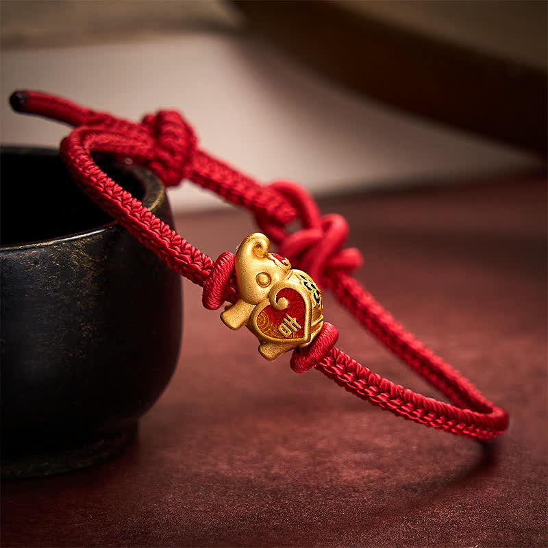 Buddha Stones Pulsera ajustable trenzada de protección con forma de corazón y elefante, hecha a mano con hilo rojo. - Rojo oscuro - 5,91-7,48 pulgadas (15-19 cm) - image 0