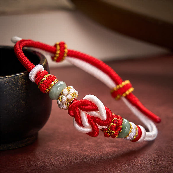 Buddha Stones Pulsera de cordón trenzado con nudo de corazón de jade, tejida a mano. - Rojo Blanco (Circunferencia de la muñeca 15-19 cm) - image 9