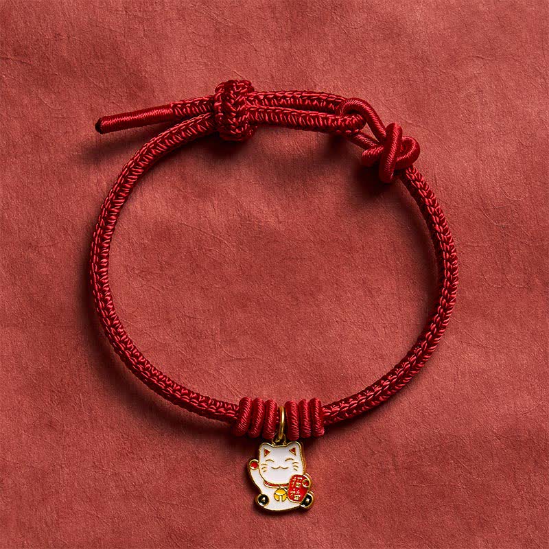 Buddha Stones Pulsera ajustable hecha a mano con hilo trenzado rojo, diseño de gato de la suerte que trae buena fortuna y personaje Fu. - image 1