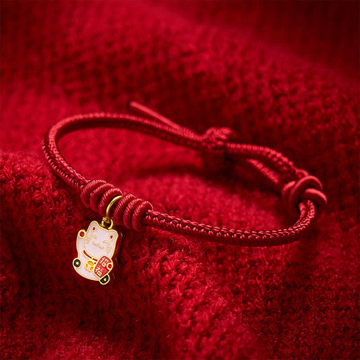 Buddha Stones Pulsera ajustable hecha a mano con hilo trenzado rojo, diseño de gato de la suerte que trae buena fortuna y personaje Fu. - image 3