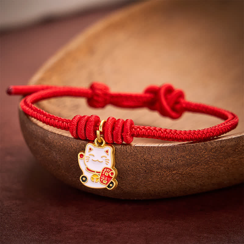 Buddha Stones Pulsera ajustable hecha a mano con hilo trenzado rojo, diseño de gato de la suerte que trae buena fortuna y personaje Fu. - image 9