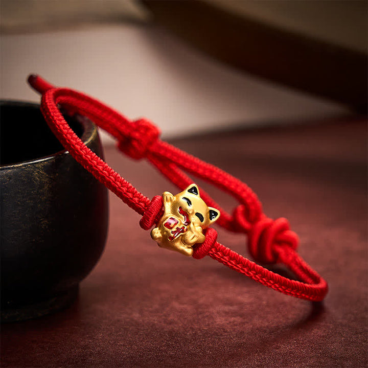 Buddha Stones Pulsera ajustable hecha a mano con hilo trenzado rojo y diseño de gato dorado de la suerte. - image 9