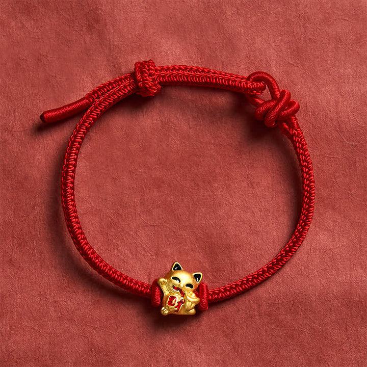 Buddha Stones Pulsera ajustable hecha a mano con hilo trenzado rojo y diseño de gato dorado de la suerte. - image 7