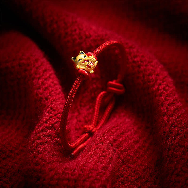 Buddha Stones Pulsera ajustable hecha a mano con hilo trenzado rojo y diseño de gato dorado de la suerte. - image 8