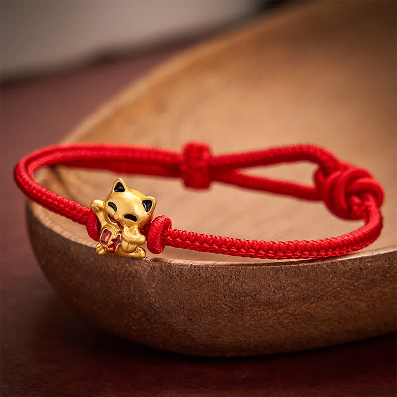 Buddha Stones Pulsera ajustable hecha a mano con hilo trenzado rojo y diseño de gato dorado de la suerte. - image 1