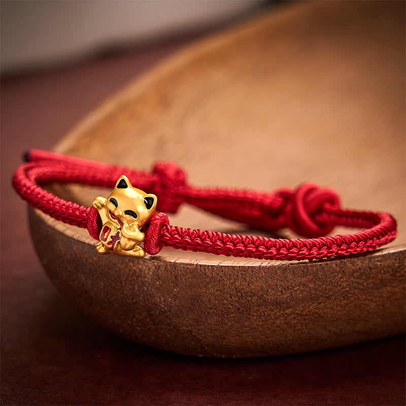 Buddha Stones Pulsera ajustable hecha a mano con hilo trenzado rojo y diseño de gato dorado de la suerte. - image 1