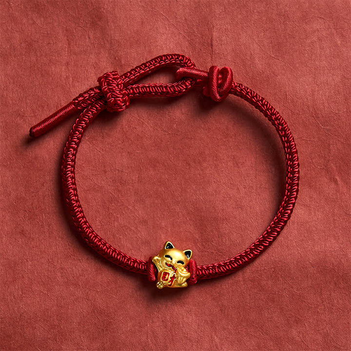 Buddha Stones Pulsera ajustable hecha a mano con hilo trenzado rojo y diseño de gato dorado de la suerte. - image 2