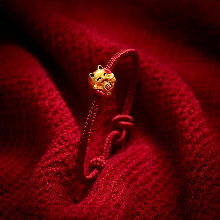 Buddha Stones Pulsera ajustable hecha a mano con hilo trenzado rojo y diseño de gato dorado de la suerte. - image 3