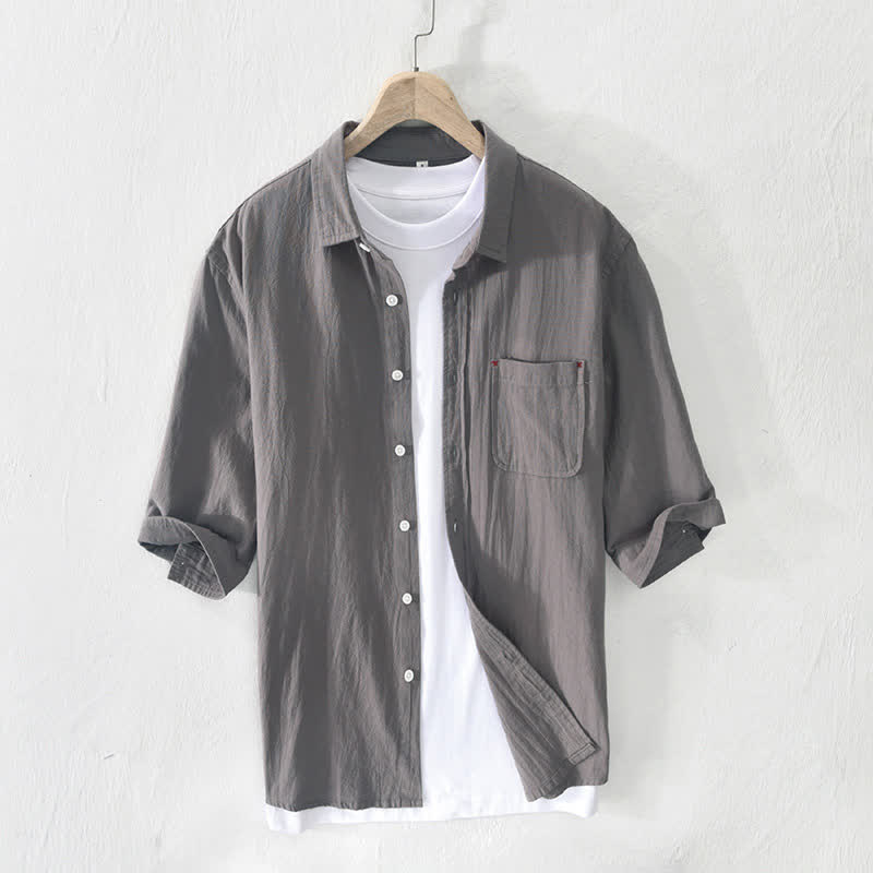 Buddha Stones Camisa de manga corta para hombre, estilo casual de verano, minimalista, de algodón y lino, con botones y bolsillo. - Gris - US/UK/AU42, EU52 (3XL) - image 0