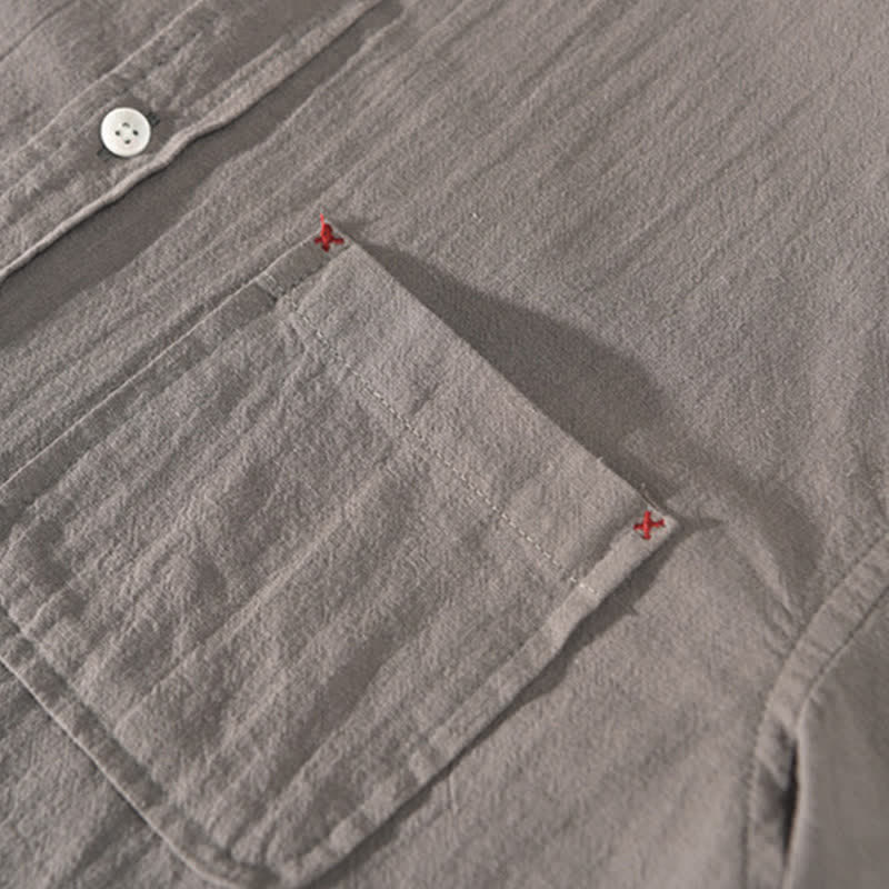 Buddha Stones Camisa de manga corta para hombre, estilo casual de verano, minimalista, de algodón y lino, con botones y bolsillo. - image 1