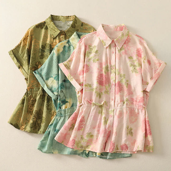 Buddha Stones Camisas de manga corta para mujer con botones y estampado floral estilo bohemio veraniego - image 20