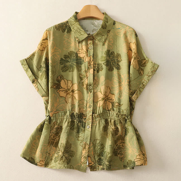 Buddha Stones Camisas de manga corta para mujer con botones y estampado floral estilo bohemio veraniego - Verde amarillento - US8-10, UK/AU12-14, EU40-42 (2XL) - image 0