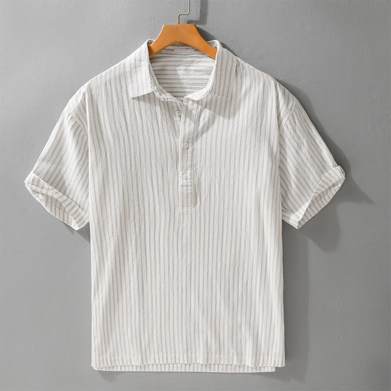 Buddha Stones Camisa de manga corta de algodón a rayas con medio botón, estilo casual de verano para hombre. - Beige - US/UK/AU42, EU52 (3XL) - image 9