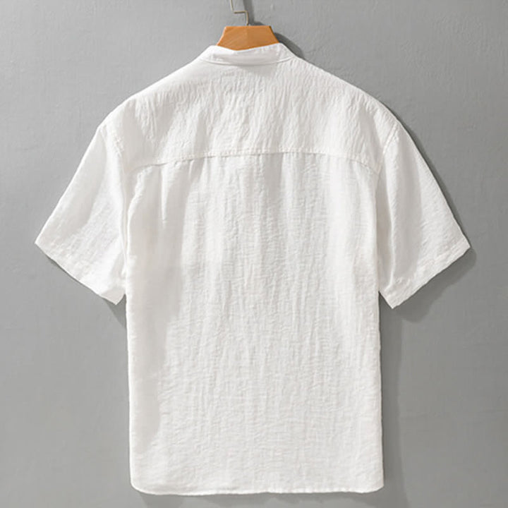 Buddha Stones Camisa de manga corta para hombre estilo Tang, informal, con cuello mandarín, medio botón y bolsillo de parche. - image 11