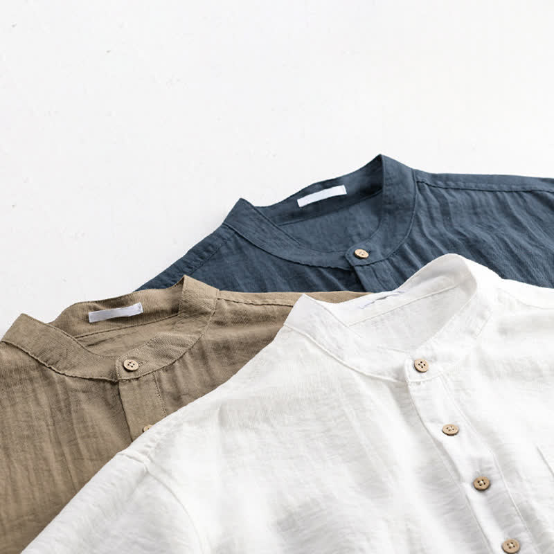 Buddha Stones Camisa de manga corta para hombre estilo Tang, informal, con cuello mandarín, medio botón y bolsillo de parche. - image 20