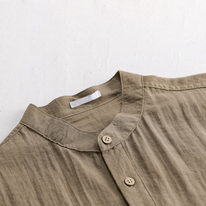 Buddha Stones Camisa de manga corta para hombre estilo Tang, informal, con cuello mandarín, medio botón y bolsillo de parche. - image 1