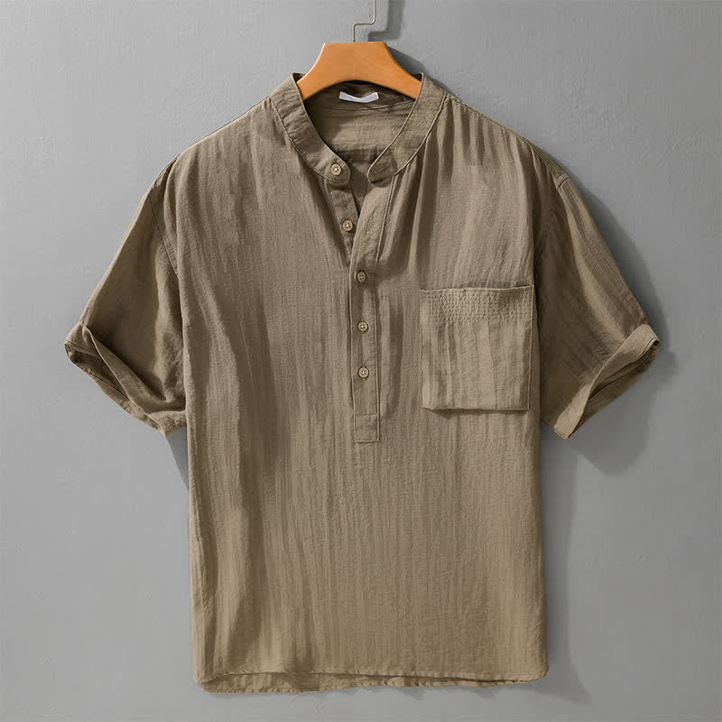 Buddha Stones Camisa de manga corta para hombre estilo Tang, informal, con cuello mandarín, medio botón y bolsillo de parche. - Broncearse - US/UK/AU42, EU52 (3XL) - image 0