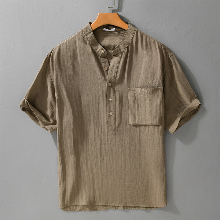 Buddha Stones Camisa de manga corta para hombre estilo Tang, informal, con cuello mandarín, medio botón y bolsillo de parche. - Broncearse - US/UK/AU42, EU52 (3XL) - image 0