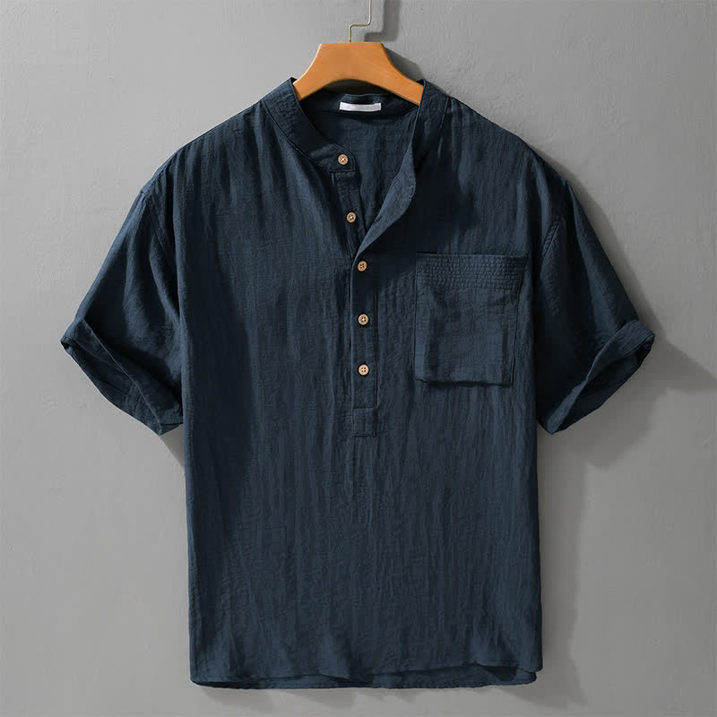 Buddha Stones Camisa de manga corta para hombre estilo Tang, informal, con cuello mandarín, medio botón y bolsillo de parche. - Azul medianoche - US/UK/AU42, EU52 (3XL) - image 6
