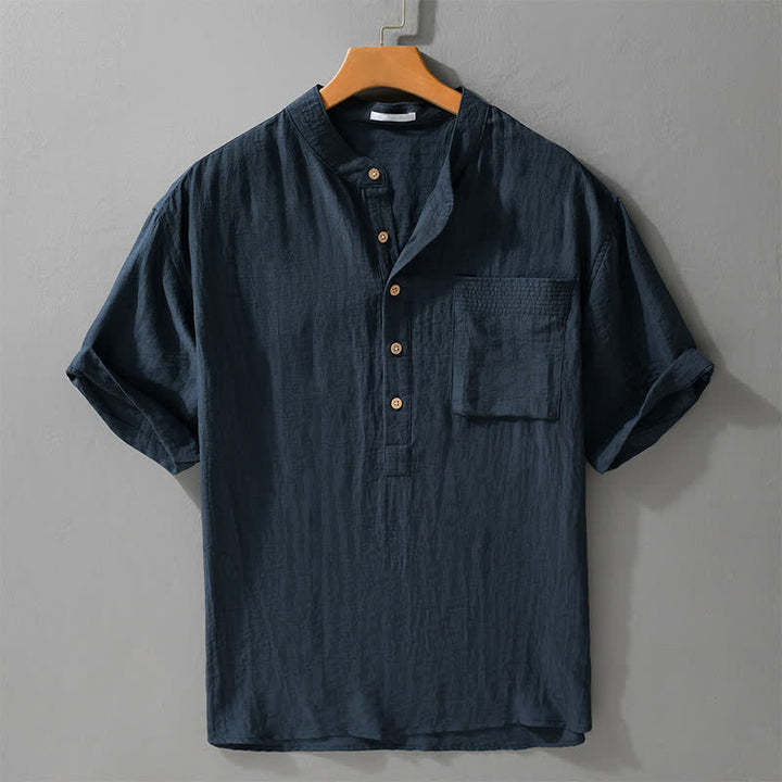 Buddha Stones Camisa de manga corta para hombre estilo Tang, informal, con cuello mandarín, medio botón y bolsillo de parche. - Azul medianoche - US/UK/AU42, EU52 (3XL) - image 6