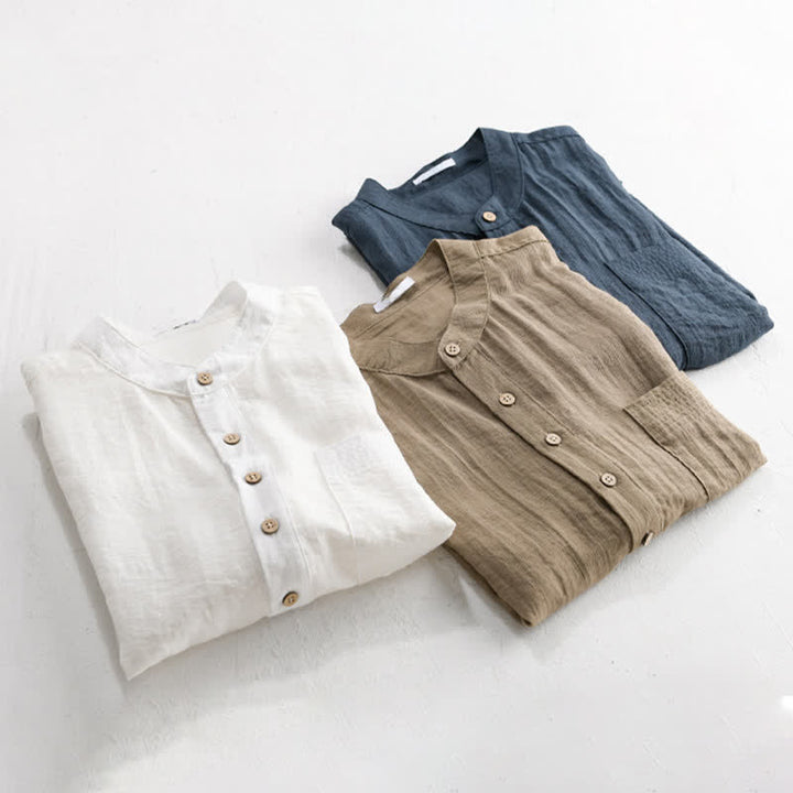 Buddha Stones Camisa de manga corta para hombre estilo Tang, informal, con cuello mandarín, medio botón y bolsillo de parche. - image 19