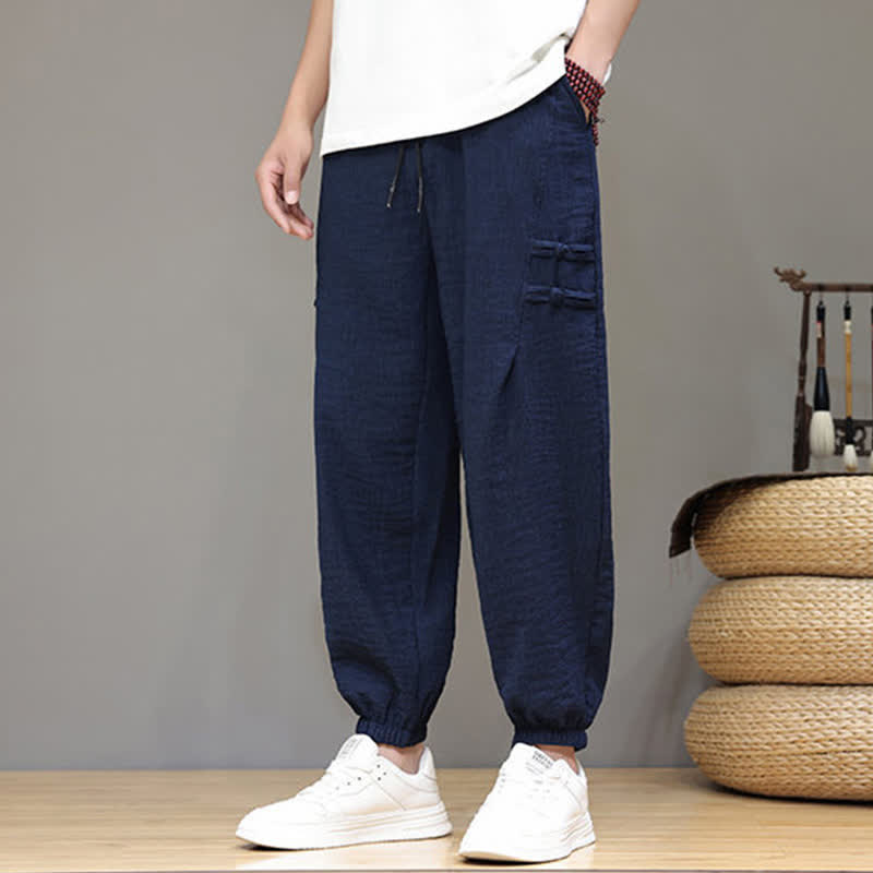 Buddha Stones Pantalones cortos de verano informales estilo Tang, color liso, estilo harem para hombre, con bolsillos. - image 1