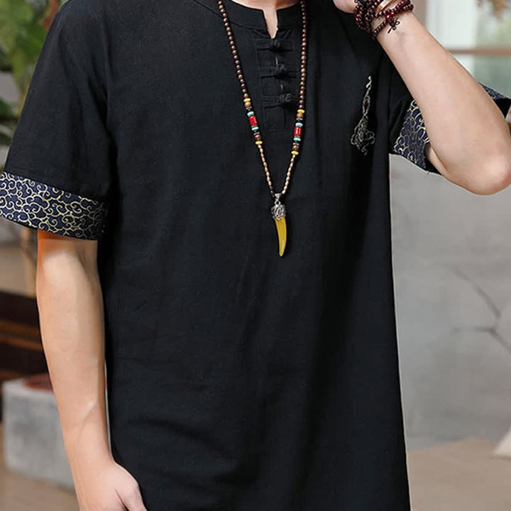 Buddha Stones Camisas de manga corta para hombre estilo Tang de verano con bordado de botones de rana y calabaza. - image 9
