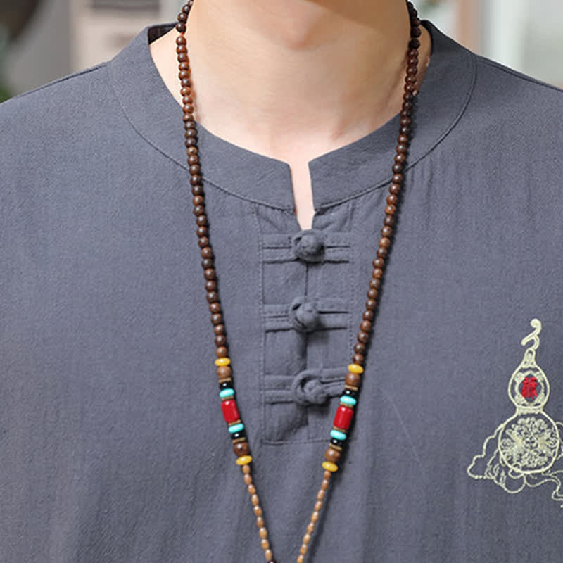 Buddha Stones Camisas de manga corta para hombre estilo Tang de verano con bordado de botones de rana y calabaza. - image 17