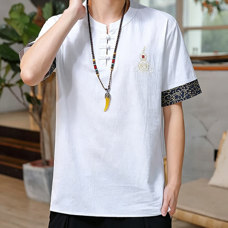 Buddha Stones Camisas de manga corta para hombre estilo Tang de verano con bordado de botones de rana y calabaza. - image 24