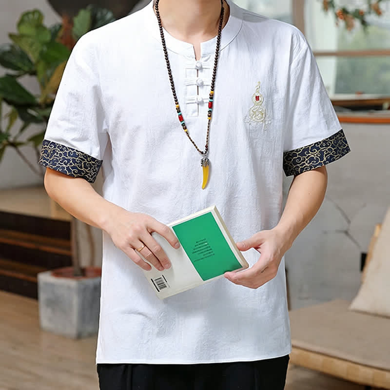 Buddha Stones Camisas de manga corta para hombre estilo Tang de verano con bordado de botones de rana y calabaza. - image 25