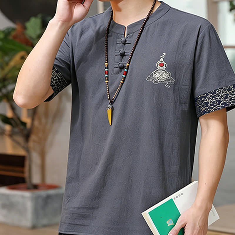 Buddha Stones Camisas de manga corta para hombre estilo Tang de verano con bordado de botones de rana y calabaza. - image 16