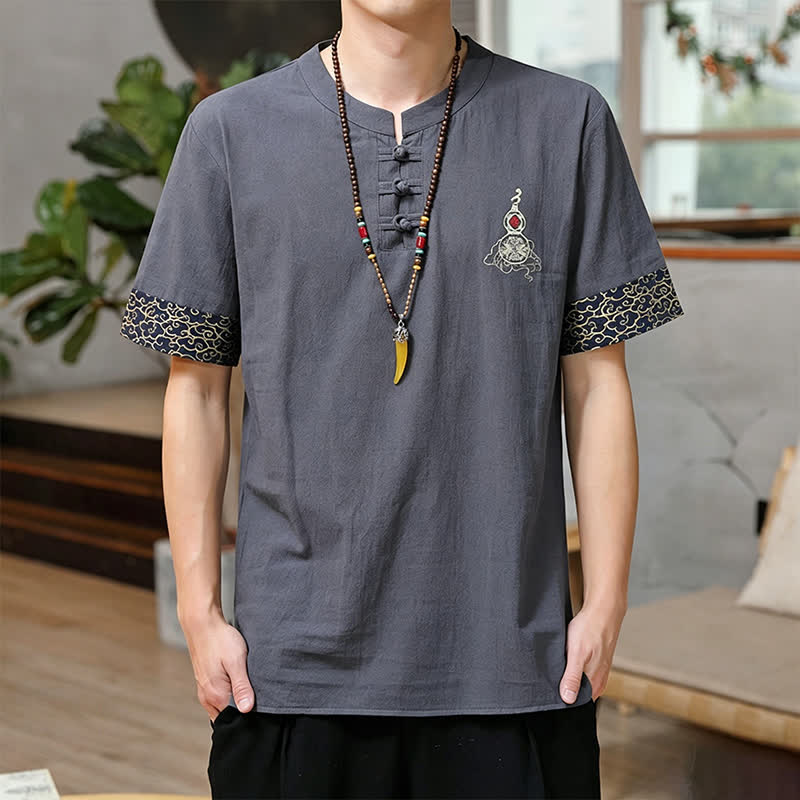Buddha Stones Camisas de manga corta para hombre estilo Tang de verano con bordado de botones de rana y calabaza. - Gris pizarra - US/UK/AU46, EU56 (5XL) - image 10
