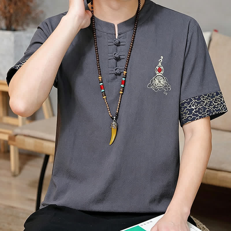 Buddha Stones Camisas de manga corta para hombre estilo Tang de verano con bordado de botones de rana y calabaza. - image 15