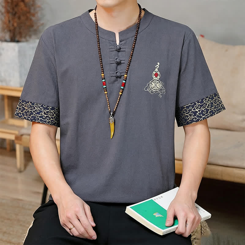 Buddha Stones Camisas de manga corta para hombre estilo Tang de verano con bordado de botones de rana y calabaza. - image 13