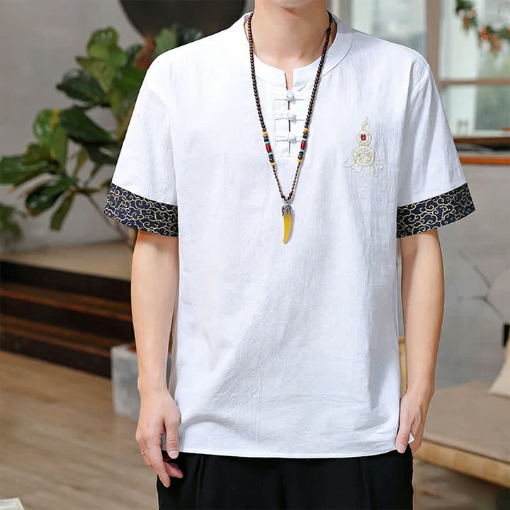 Buddha Stones Camisas de manga corta para hombre estilo Tang de verano con bordado de botones de rana y calabaza. - Blanco - US/UK/AU46, EU56 (5XL) - image 23