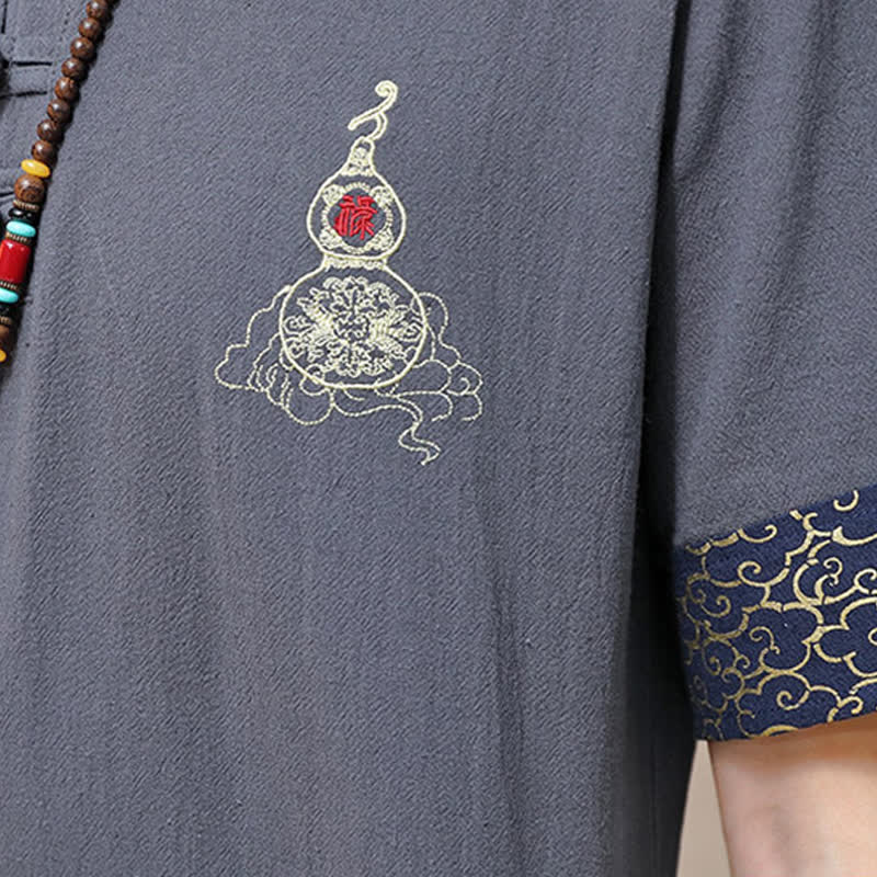 Buddha Stones Camisas de manga corta para hombre estilo Tang de verano con bordado de botones de rana y calabaza. - image 19