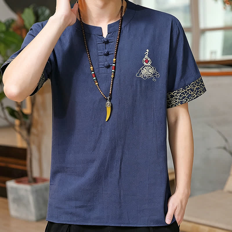 Buddha Stones Camisas de manga corta para hombre estilo Tang de verano con bordado de botones de rana y calabaza. - image 2