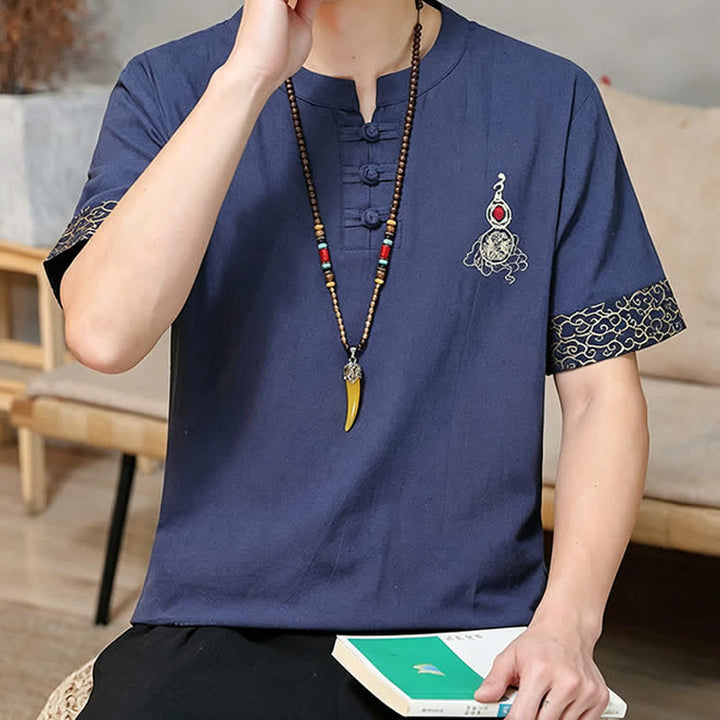 Buddha Stones Camisas de manga corta para hombre estilo Tang de verano con bordado de botones de rana y calabaza. - image 3