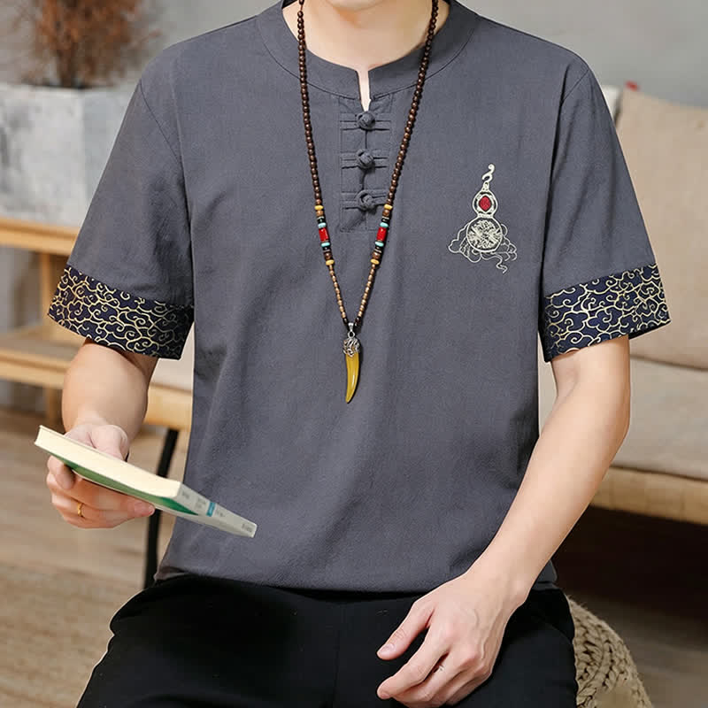 Buddha Stones Camisas de manga corta para hombre estilo Tang de verano con bordado de botones de rana y calabaza. - image 14