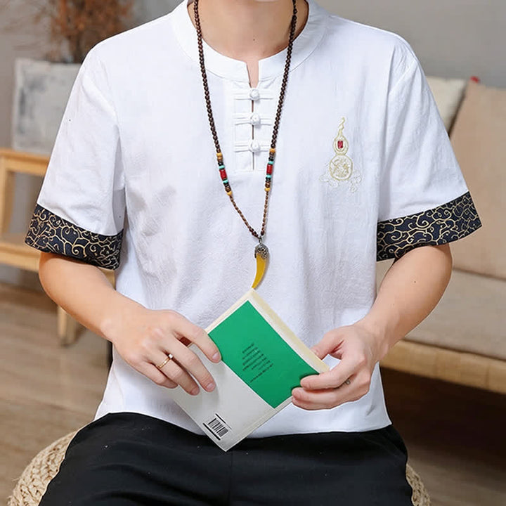 Buddha Stones Camisas de manga corta para hombre estilo Tang de verano con bordado de botones de rana y calabaza. - image 27